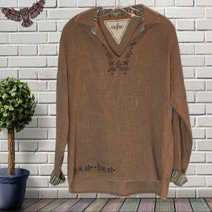 Tribu Brown Geometric Button Cuff Sleeve Top